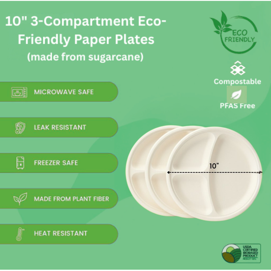 Ready Restock 10” 3-Compartment Eco-Friendly Plates – 50 Pack