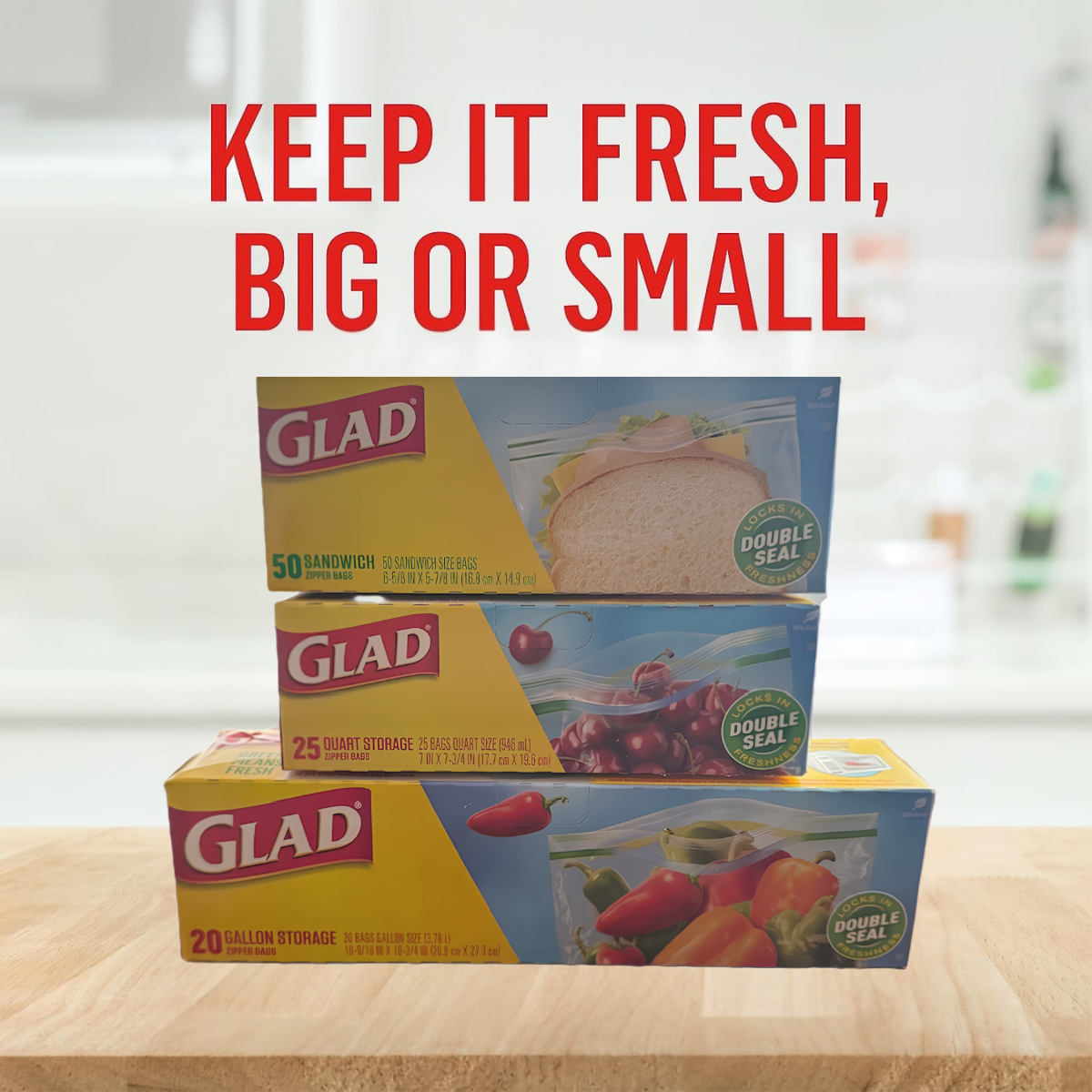 Glad Zipper Food Storage Plastic Bags Variety Pack, Sandwich, Quart, and Gallon Size, 95 Count