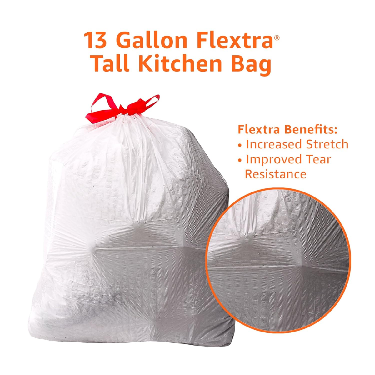 13 Gal. – Amazon Basics Flextra Strength Tall Kitchen Drawstring Trash Bags, Fresh Scent, Tear Resistant - 50 Count