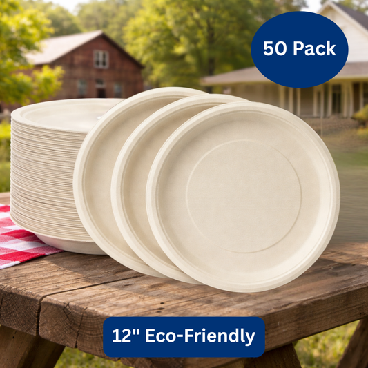 Ready Restock 12” Round Compostable Eco-Friendly Paper Plates – 50 Pack
