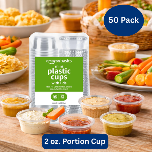 Amazon Basics Disposable To-Go Mini Portion Cups and Lids, 2 oz, BPA Free, 50 Count