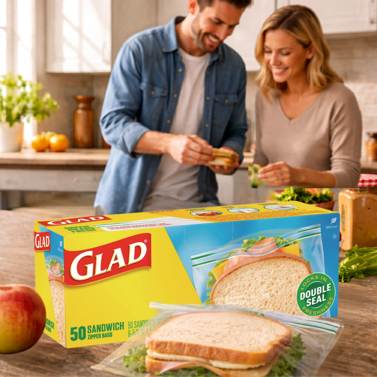Glad Zipper Food Storage Plastic Bags, Sandwich Size, 50 Count