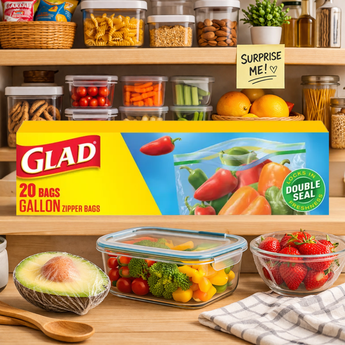 Glad Zipper Food Storage Plastic Bags, Gallon Size, 20 Count