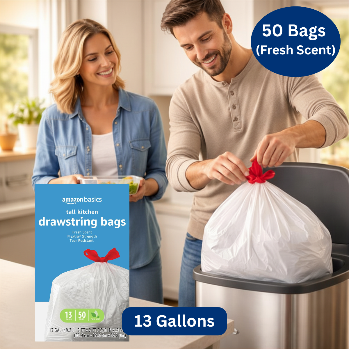 13 Gal. – Amazon Basics Flextra Strength Tall Kitchen Drawstring Trash Bags, Fresh Scent, Tear Resistant - 50 Count