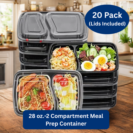 Ready Restock 28 oz. – 2 Compartment Meal Prep Food Containers With Lids - 20 Pack