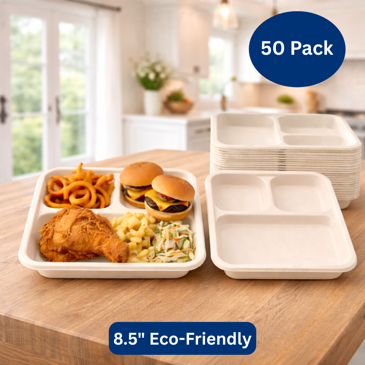 Ready Restock 8.5”  Square 3-Compartment Eco-Friendly Plate Trays – 50 Pack