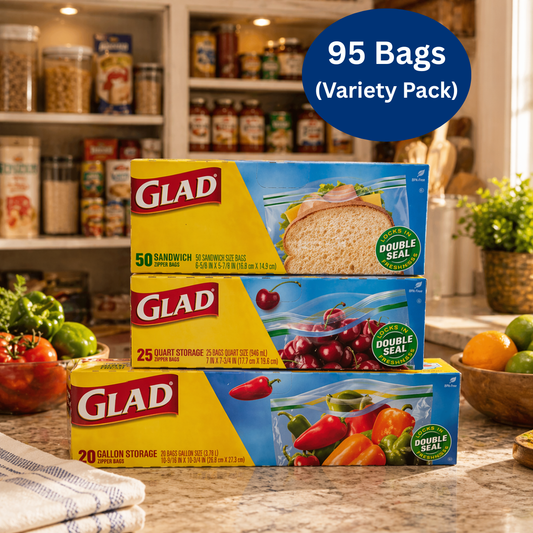 Glad Zipper Food Storage Plastic Bags Variety Pack, Sandwich, Quart, and Gallon Size, 95 Count