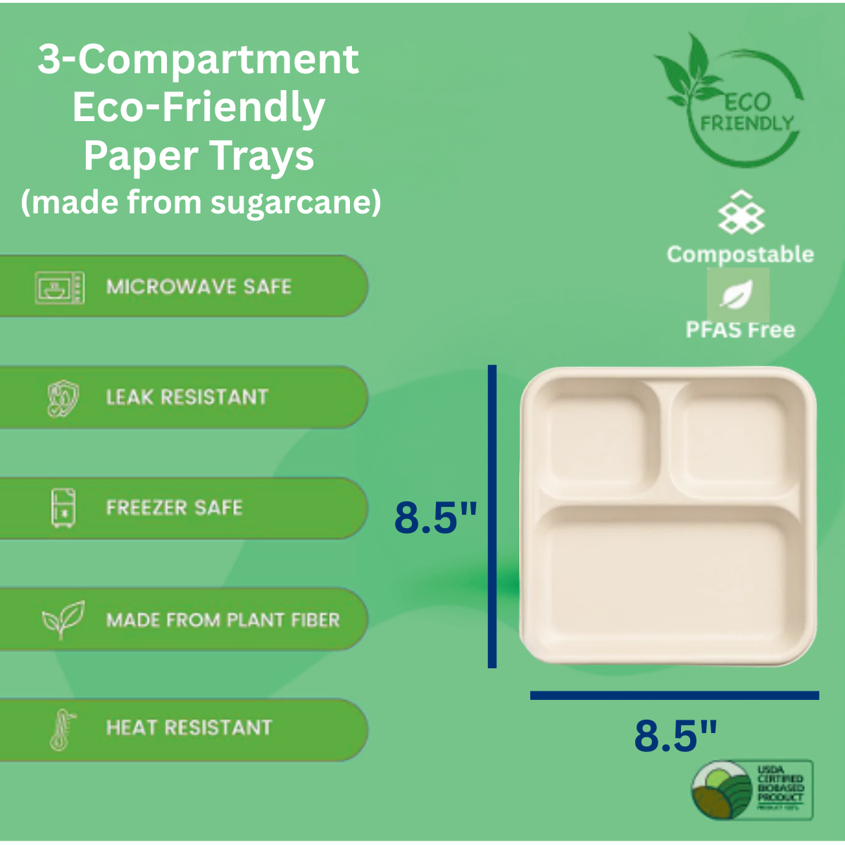 Ready Restock 8.5”  Square 3-Compartment Eco-Friendly Plate Trays – 50 Pack