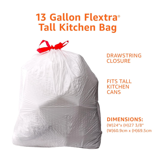 13 Gal. – Amazon Basics Flextra Strength Tall Kitchen Drawstring Trash Bags, Fresh Scent, Tear Resistant - 50 Count