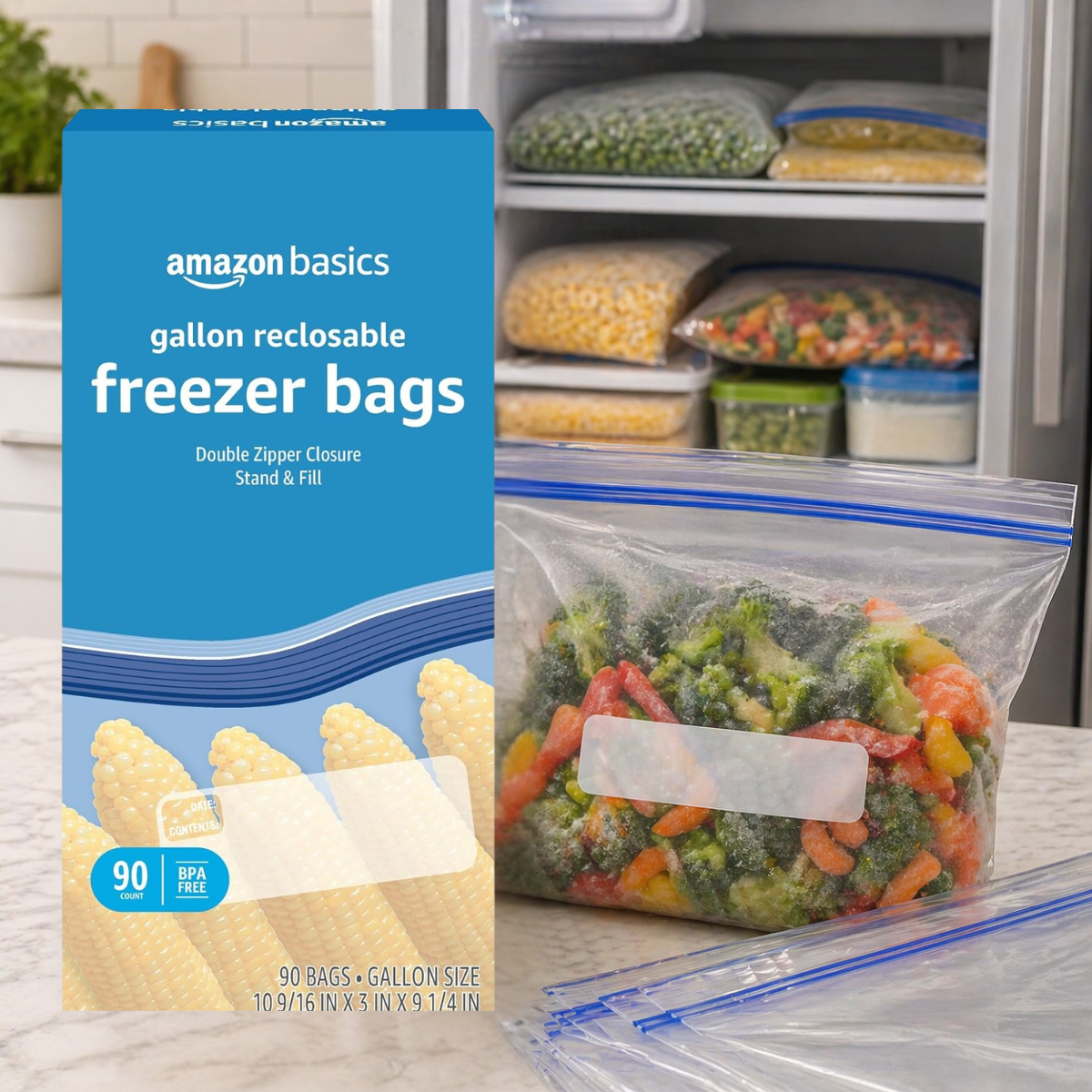 Amazon Basics 1 Gallon Reclosable Freezer Bags, BPA Free, 90 Count