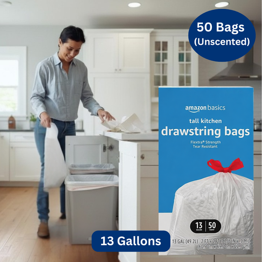 13 Gal. – Amazon Basics Flextra Strength Tall Kitchen Drawstring Trash Bags, Unscented, Tear Resistant - 50 Count