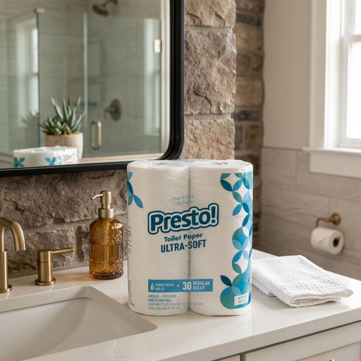 Presto! 2-Ply Ultra-Soft Toilet Paper, Septic-Safe, 6 Mega Rolls = 30 Regular Rolls, 308 Sheets, Unscented
