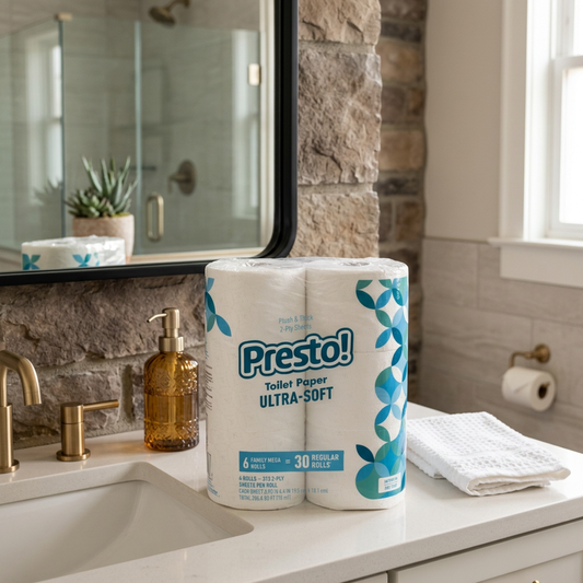 Presto! 2-Ply Ultra-Soft Toilet Paper, Septic-Safe, 6 Mega Rolls = 30 Regular Rolls, 308 Sheets, Unscented