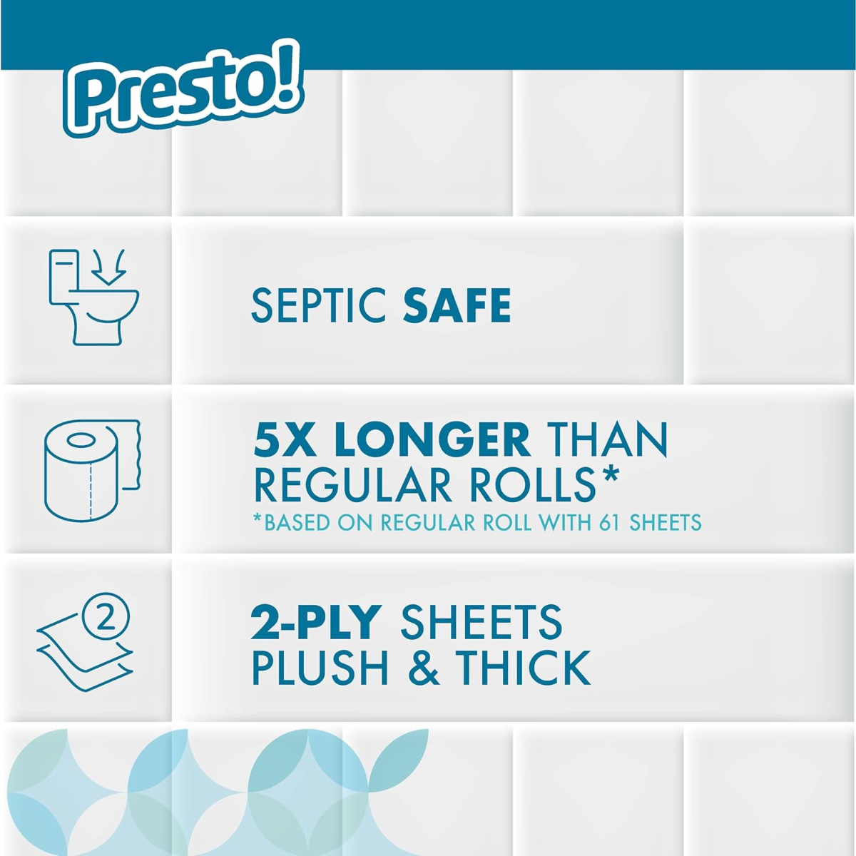 Presto! 2-Ply Ultra-Soft Toilet Paper, Septic-Safe, 6 Mega Rolls = 30 Regular Rolls, 308 Sheets, Unscented